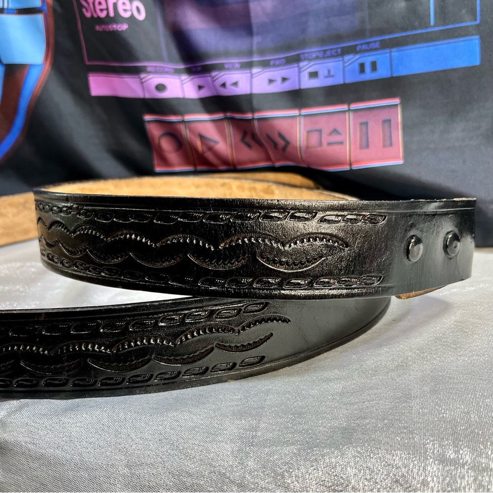 HAND TOOLED Vintage Black Leather Men's Western Belt
